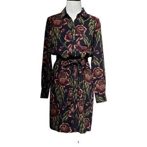 Ann Taylor Long Sleeve Floral Belted Shirt Dress Petite Small